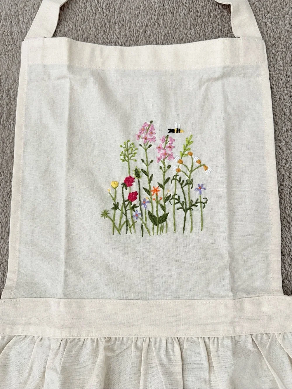 Floral Hand-Embroidered Cream Apron Wildflower Garden / Bee Motif - Gifts